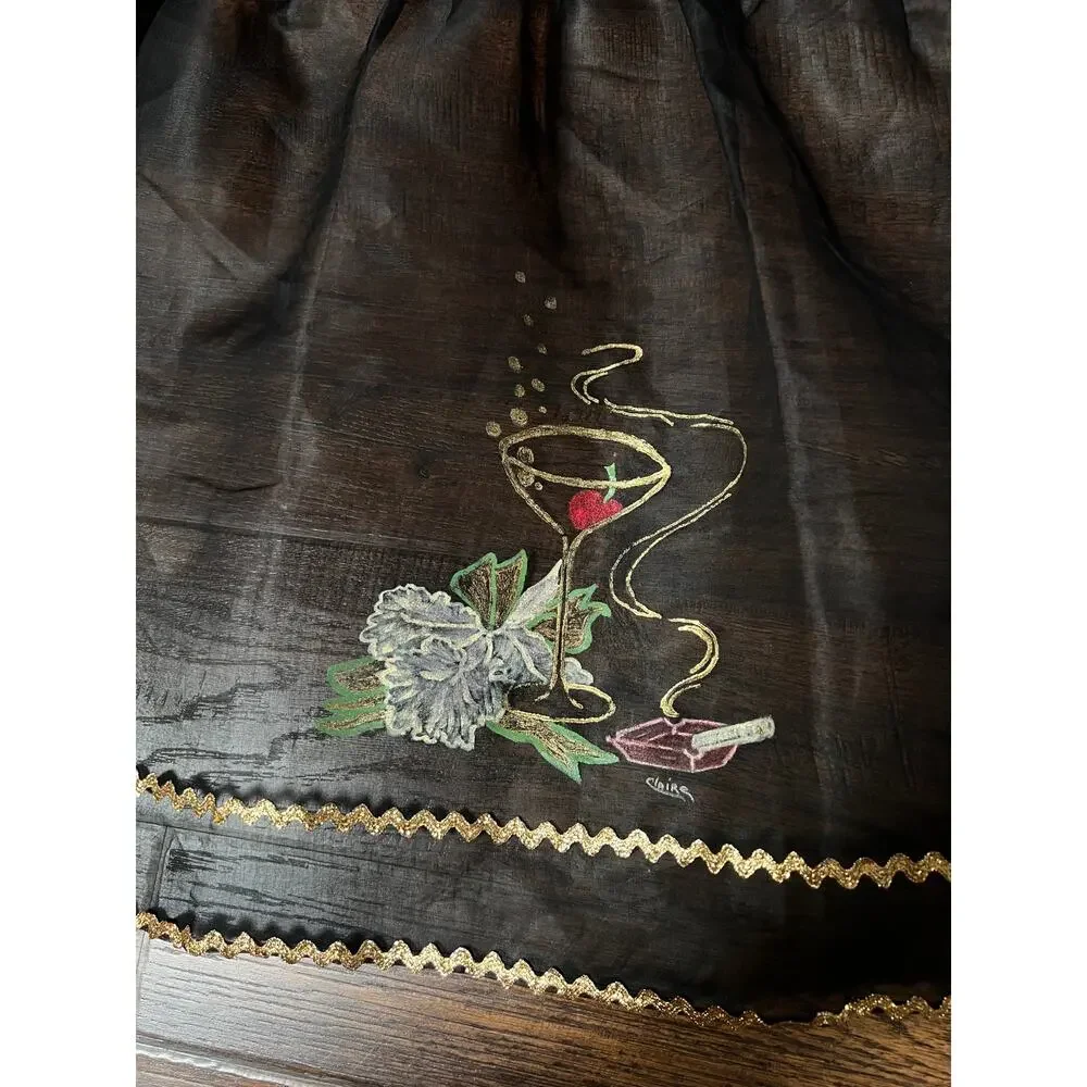 VTG Mid Century Sheer Black Half Apron Hand Painted Martini Cigarette Gold Trim